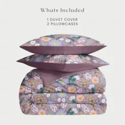 Floral Duvet Cover Full Size Bedding Set Cotton Bed Sets Quilt Cover Soft Lightweight Comforter Cover with 2 Pillowcases for Summer Spring Violet Purple