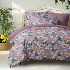 Floral Duvet Cover Full Size Bedding Set Cotton Bed Sets Quilt Cover Soft Lightweight Comforter Cover with 2 Pillowcases for Summer Spring Violet Purple