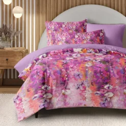 Floral Duvet Cover Set 100% Cotton Soft and Breathable Bedding Featuring Pink Flowers Lightweight and Durable Quilt Cover Comfortable for All Seasons Easy to Care
