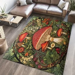 Floral Mushrooms Floor Mat Rug Area Rug Black Carpet Illusion Flannel Rugs Ultra Soft Non-Slip Rug for Room Deco