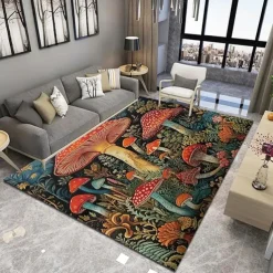 Floral Mushrooms Floor Mat Rug Area Rug Black Carpet Illusion Flannel Rugs Ultra Soft Non-Slip Rug for Room Deco
