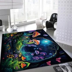 Floral Mushrooms Floor Mat Rug Area Rug Black Carpet Illusion Flannel Rugs Ultra Soft Non-Slip Rug for Room Deco