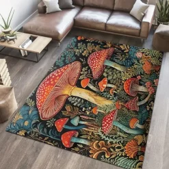 Floral Mushrooms Floor Mat Rug Area Rug Black Carpet Illusion Flannel Rugs Ultra Soft Non-Slip Rug for Room Deco