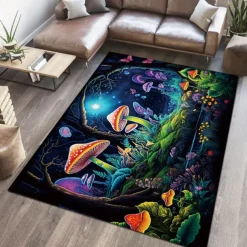 Floral Mushrooms Floor Mat Rug Area Rug Black Carpet Illusion Flannel Rugs Ultra Soft Non-Slip Rug for Room Deco