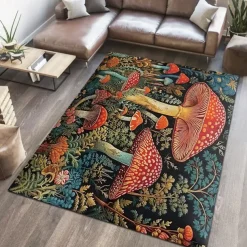 Floral Mushrooms Floor Mat Rug Area Rug Black Carpet Illusion Flannel Rugs Ultra Soft Non-Slip Rug for Room Deco