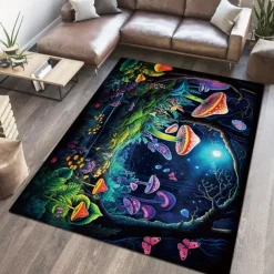 Floral Mushrooms Floor Mat Rug Area Rug Black Carpet Illusion Flannel Rugs Ultra Soft Non-Slip Rug for Room Deco