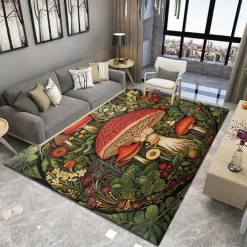 Floral Mushrooms Floor Mat Rug Area Rug Black Carpet Illusion Flannel Rugs Ultra Soft Non-Slip Rug for Room Deco