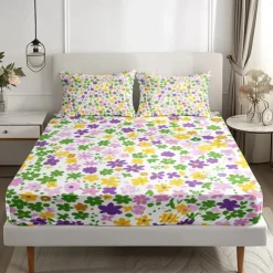 Floral Spring Fitted Sheet Set Ultra Soft Breathable 100% Cotton Silky Bed Sheets Deep Pocket Bedding Sheets 3 Piece Queen King Size