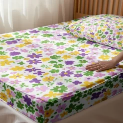 Floral Spring Fitted Sheet Set Ultra Soft Breathable 100% Cotton Silky Bed Sheets Deep Pocket Bedding Sheets 3 Piece Queen King Size