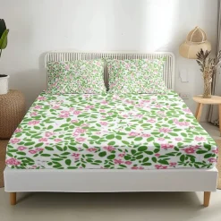 Floral Spring Fitted Sheet Set Ultra Soft Breathable 100% Cotton Silky Bed Sheets Deep Pocket Bedding Sheets 3 Piece Queen King Size