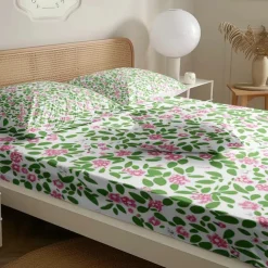 Floral Spring Fitted Sheet Set Ultra Soft Breathable 100% Cotton Silky Bed Sheets Deep Pocket Bedding Sheets 3 Piece Queen King Size