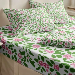 Floral Spring Fitted Sheet Set Ultra Soft Breathable 100% Cotton Silky Bed Sheets Deep Pocket Bedding Sheets 3 Piece Queen King Size