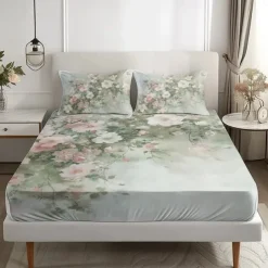 Floral Spring Pattern Fitted Sheet Set Ultra Soft Breathable Silky Bed Sheets Deep Pocket 100% Cotton Bedding Sheets 3 Piece Queen King Size