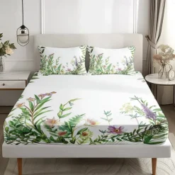 Floral Spring Pattern Fitted Sheet Set Ultra Soft Breathable Silky Bed Sheets Deep Pocket 100% Cotton Bedding Sheets 3 Piece Queen King Size