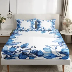 Floral Spring Pattern Fitted Sheet Set Ultra Soft Breathable Silky Bed Sheets Deep Pocket 100% Cotton Bedding Sheets 3 Piece Queen King Size