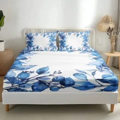 Floral Spring Pattern Fitted Sheet Set Ultra Soft Breathable Silky Bed Sheets Deep Pocket 100% Cotton Bedding Sheets 3 Piece Queen King Size