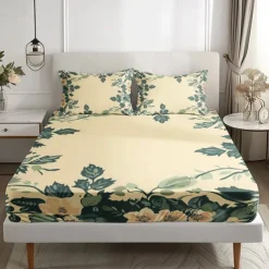 Floral Spring Pattern Fitted Sheet Set Ultra Soft Breathable Silky Bed Sheets Deep Pocket 100% Cotton Bedding Sheets 3 Piece Queen King Size