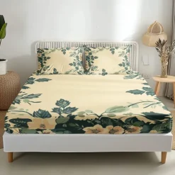 Floral Spring Pattern Fitted Sheet Set Ultra Soft Breathable Silky Bed Sheets Deep Pocket 100% Cotton Bedding Sheets 3 Piece Queen King Size