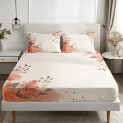 Floral Spring Pattern Fitted Sheet Set Ultra Soft Breathable Silky Bed Sheets Deep Pocket 100% Cotton Bedding Sheets 3 Piece Queen King Size