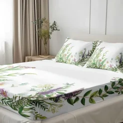 Floral Spring Pattern Fitted Sheet Set Ultra Soft Breathable Silky Bed Sheets Deep Pocket 100% Cotton Bedding Sheets 3 Piece Queen King Size