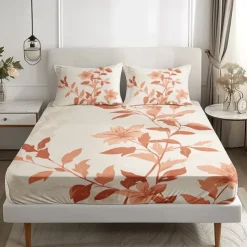 Floral Spring Pattern Fitted Sheet Set Ultra Soft Breathable Silky Bed Sheets Deep Pocket 100% Cotton Bedding Sheets 3 Piece Queen King Size