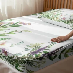 Floral Spring Pattern Fitted Sheet Set Ultra Soft Breathable Silky Bed Sheets Deep Pocket 100% Cotton Bedding Sheets 3 Piece Queen King Size