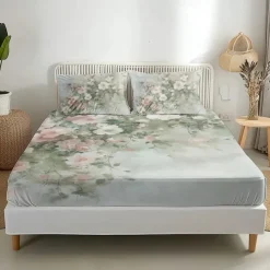Floral Spring Pattern Fitted Sheet Set Ultra Soft Breathable Silky Bed Sheets Deep Pocket 100% Cotton Bedding Sheets 3 Piece Queen King Size