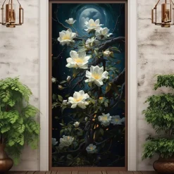 Flower Under Moon Door Covers Mural Decor Door Tapestry Door Curtain Decoration Backdrop Door Banner Removable for Front Door Indoor Outdoor Home Room Decoration Farmhouse Decor Supplies