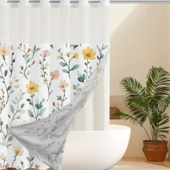Flower Waffle-Weave Textured Shower Curtain Set with Snap-in Liner and Sheer Window Water-Repellent Polyester,Grommet Top,120GSM Hotel Quality Spa Style Bathroom Partition No Hooks Required
