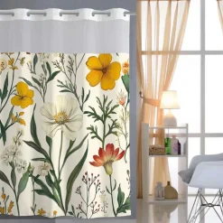 Flower Waffle-Weave Textured Shower Curtain Set with Snap-in Liner Sheer Window Water-Repellent Polyester Blend Fabric,Grommet Top,120GSM Hotel Quality Spa Style Bathroom Partition No Hooks Required