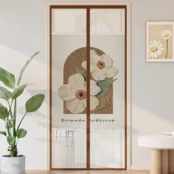Flowers Magnetic Screen Door Heavy Duty Screen Door Mesh with Magnets, Privacy Door Curtain with Full Frame Tape,Automatical Closure, Easy Install