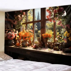 Flowers on Window Wall Hanging Tapestry Wall Art Large Tapestry Mural Decor Photograph Backdrop Blanket Curtain Home Bedroom Living Room Decoration