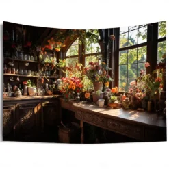 Flowers on Window Wall Hanging Tapestry Wall Art Large Tapestry Mural Decor Photograph Backdrop Blanket Curtain Home Bedroom Living Room Decoration