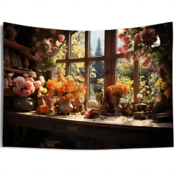Flowers on Window Wall Hanging Tapestry Wall Art Large Tapestry Mural Decor Photograph Backdrop Blanket Curtain Home Bedroom Living Room Decoration