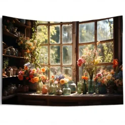 Flowers on Window Wall Hanging Tapestry Wall Art Large Tapestry Mural Decor Photograph Backdrop Blanket Curtain Home Bedroom Living Room Decoration