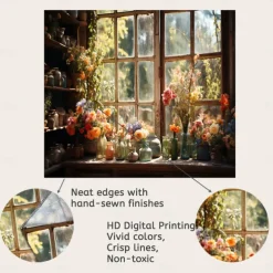 Flowers on Window Wall Hanging Tapestry Wall Art Large Tapestry Mural Decor Photograph Backdrop Blanket Curtain Home Bedroom Living Room Decoration