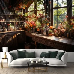 Flowers on Window Wall Hanging Tapestry Wall Art Large Tapestry Mural Decor Photograph Backdrop Blanket Curtain Home Bedroom Living Room Decoration