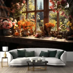 Flowers on Window Wall Hanging Tapestry Wall Art Large Tapestry Mural Decor Photograph Backdrop Blanket Curtain Home Bedroom Living Room Decoration