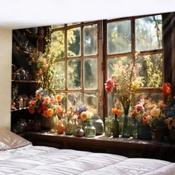 Flowers on Window Wall Hanging Tapestry Wall Art Large Tapestry Mural Decor Photograph Backdrop Blanket Curtain Home Bedroom Living Room Decoration