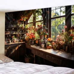 Flowers on Window Wall Hanging Tapestry Wall Art Large Tapestry Mural Decor Photograph Backdrop Blanket Curtain Home Bedroom Living Room Decoration
