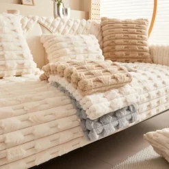 Fluffy Plush Striped Furniture Protector Couch Cover - Ultra-Soft and Cozy Fabric - Stylish Striped Design - Shields Your Sofa from Spills, Stains, and Scratches - Enhances Comfort and Decor