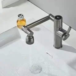 Foldable Bathroom Sink Mixer Faucet LED Displayer, Vintage 360 Swivel Spout Rotatable Wash Basin Tap, Brass Retro Single Handle One Hole with Cold and Hot Water Hose