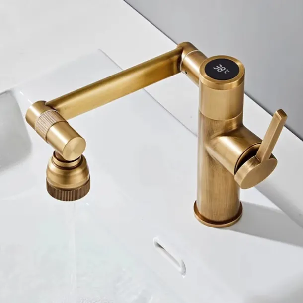 Foldable Bathroom Sink Mixer Faucet LED Displayer, Vintage 360 Swivel Spout Rotatable Wash Basin Tap, Brass Retro Single Handle One Hole with Cold and Hot Water Hose