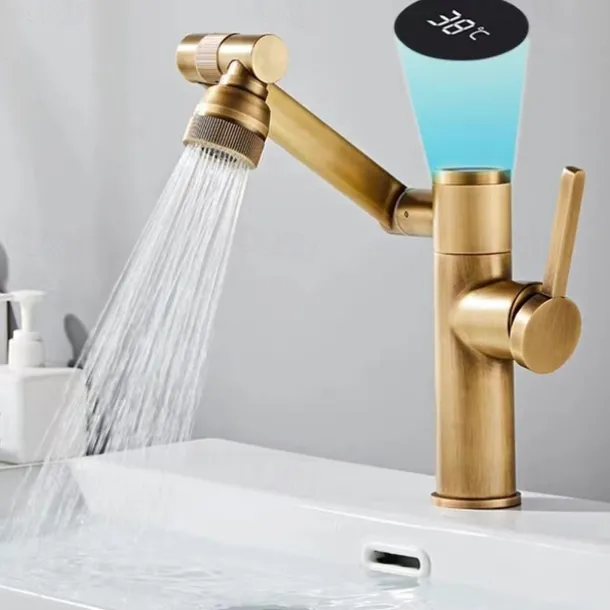 Foldable Bathroom Sink Mixer Faucet LED Displayer, Vintage 360 Swivel Spout Rotatable Wash Basin Tap, Brass Retro Single Handle One Hole with Cold and Hot Water Hose