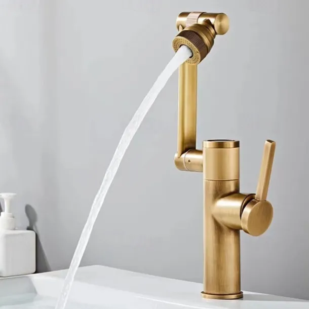 Foldable Bathroom Sink Mixer Faucet LED Displayer, Vintage 360 Swivel Spout Rotatable Wash Basin Tap, Brass Retro Single Handle One Hole with Cold and Hot Water Hose
