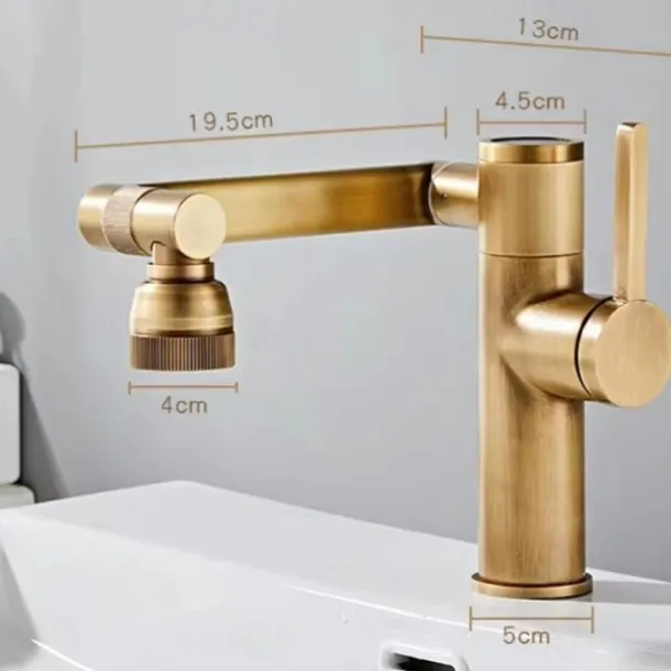 Foldable Bathroom Sink Mixer Faucet LED Displayer, Vintage 360 Swivel Spout Rotatable Wash Basin Tap, Brass Retro Single Handle One Hole with Cold and Hot Water Hose