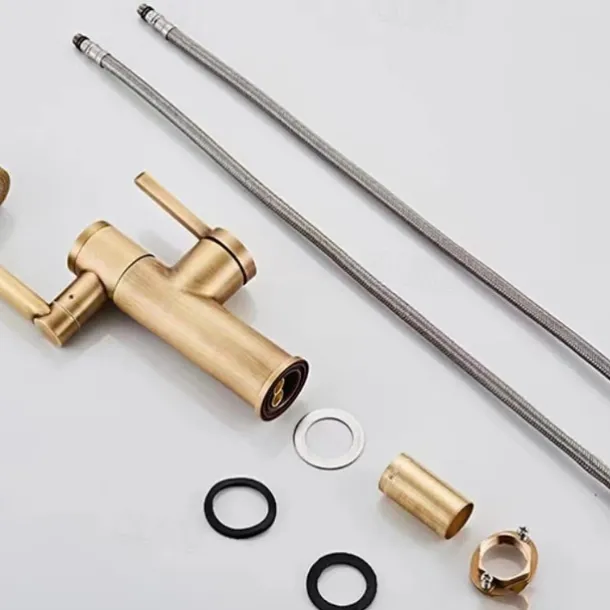 Foldable Bathroom Sink Mixer Faucet LED Displayer, Vintage 360 Swivel Spout Rotatable Wash Basin Tap, Brass Retro Single Handle One Hole with Cold and Hot Water Hose