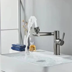 Foldable Bathroom Sink Mixer Faucet LED Displayer, Vintage 360 Swivel Spout Rotatable Wash Basin Tap, Brass Retro Single Handle One Hole with Cold and Hot Water Hose