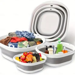 Foldable Dishwasher Set Of 3 Pieces Washbasin Saves Space For Picnics And Camping Used For Dishwashing Vegetable Washing And Fruit Gray Folding Storage Basin