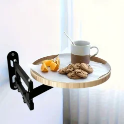 Foldable Telescopic Tray Table with Floating Shelves - Adjustable Height, Portable Compact Design for Bedside, Side, or Floor Use, Durable Steel Frame & Wooden Top, Space-Saving Storage Solution, Mini